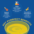 Zigly pet benefits infographic showing natural collagen, apple cider vinegar, curcumin, and antioxidants with chicken broth bowl