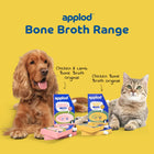 Zigly Applod Bone Broth Range with dog and cat, featuring Chicken & Lamb and Chicken Bone Broth original