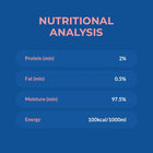 Zigly nutritional analysis chart showing protein 2%, fat 0.5%, moisture 97.5%, energy 100kcal/1000ml