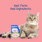 Zigly cat with Applod chicken and lamb bone broth carton on pink background, real taste and ingredients