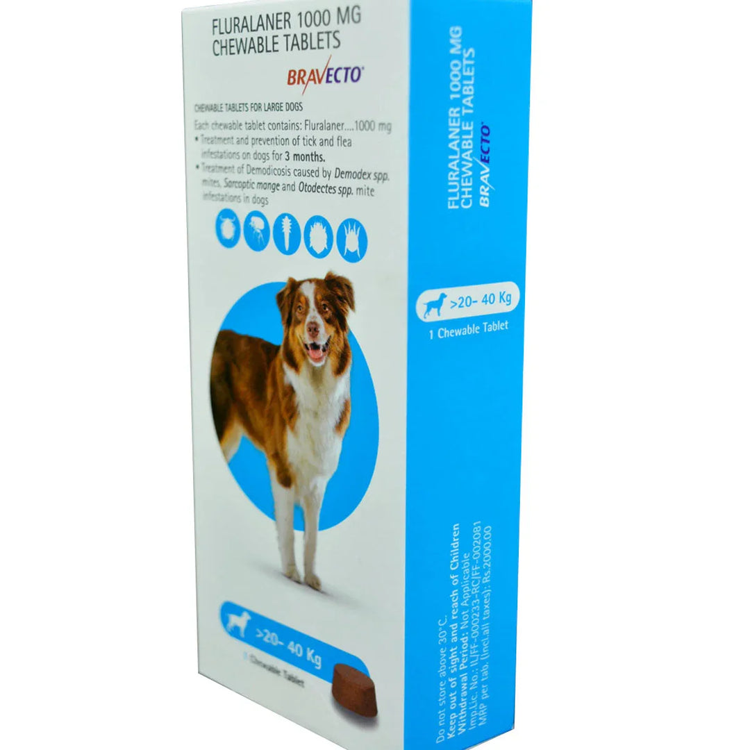 Bravecto Chew Tablet 20kg-40kg For Tick And Flea Control For Dogs - 1000mg