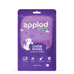 Zigly Applod blueberry and chicken dog chew sticks in resealable purple pouch for all breeds