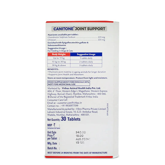 Virbac Canitone Joint Support for Dogs and Cats with Glove - 30 Tablets