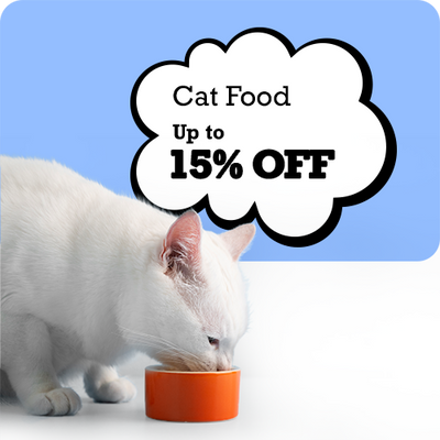 White cat eating from an orange bowl with a promotional text bubble for cat food discount on a light blue background.