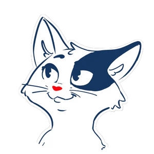 Cartoon cat face with blue and white design on a white background