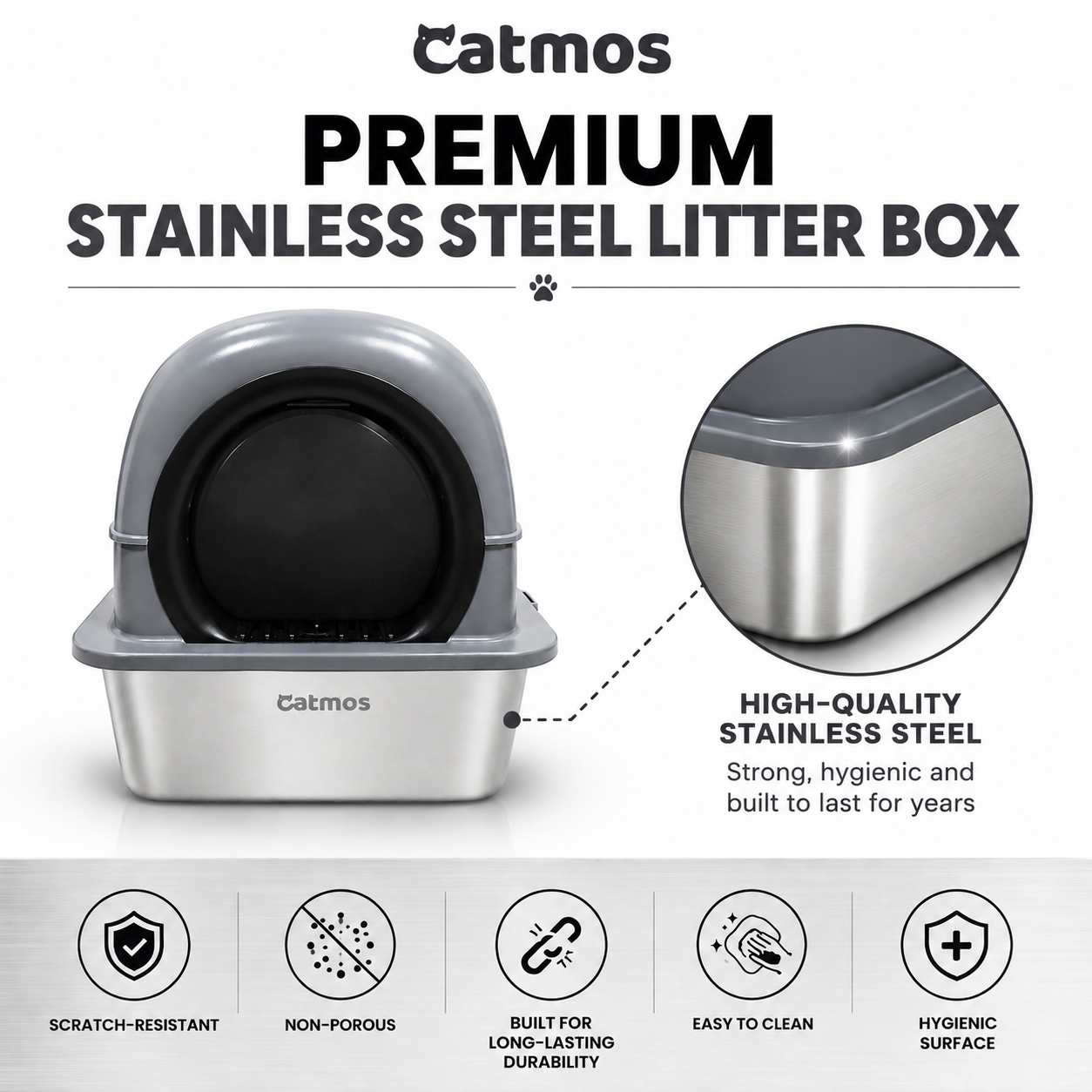 Catmos Stainless Steel Enclosed Cat Litter Box - Grey - 61x41x41cm (LxWxH)