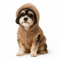 small dog wearing cozy brown fuzzy hoodie sitting on white background zigly