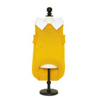 Zigly yellow knit pet sweater with white collar on black mannequin stand