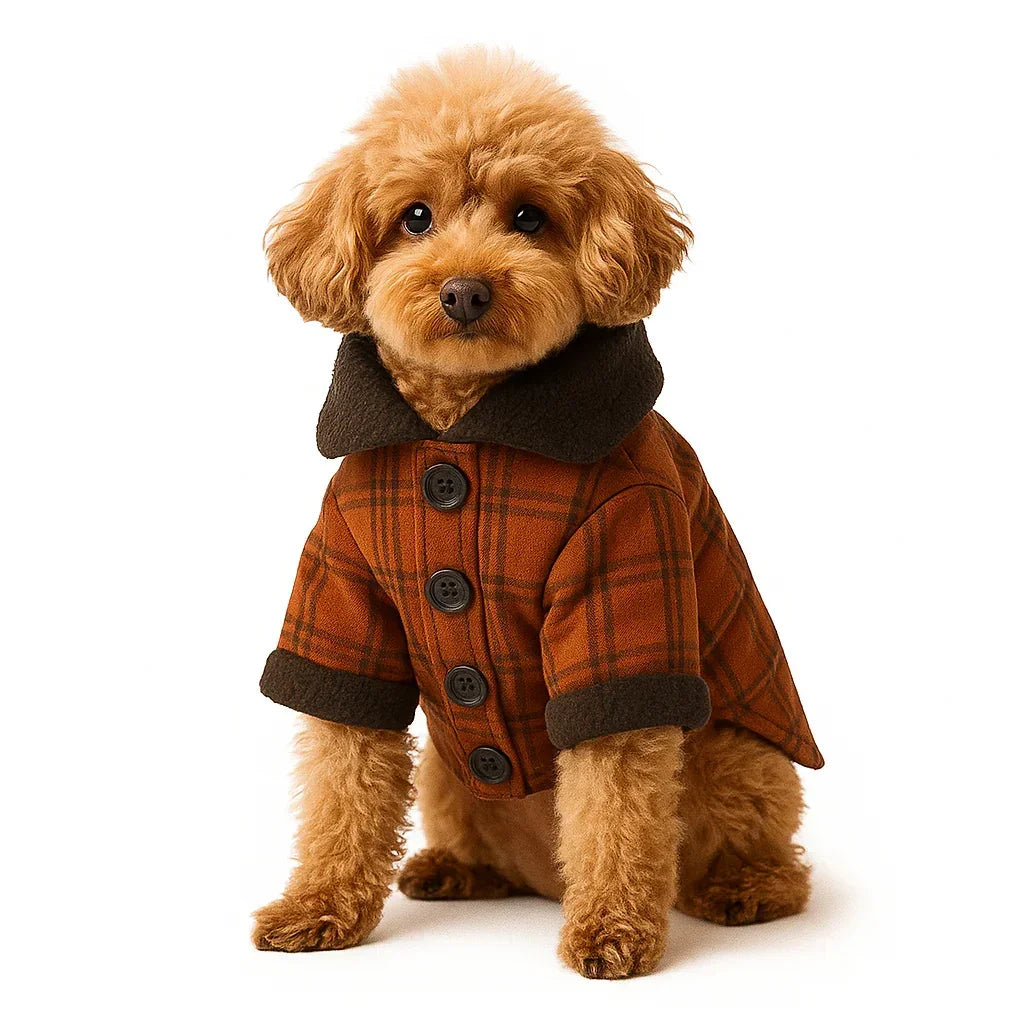 Zigly small brown poodle wearing a stylish orange plaid coat with black buttons on white