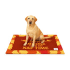 Yellow labrador sitting on red dog bed with yellow and orange leaves and zigly text