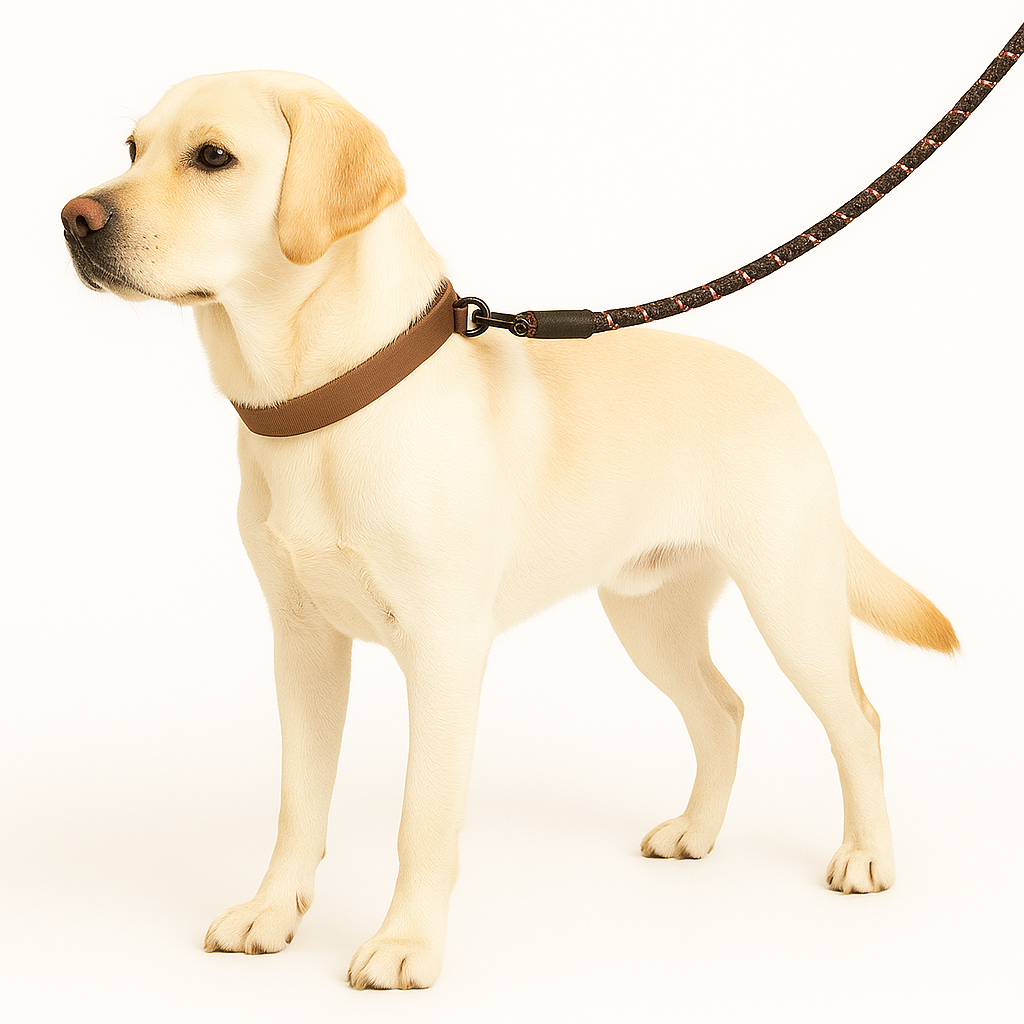 Zigly yellow Labrador Retriever dog standing with brown collar and leash on white background