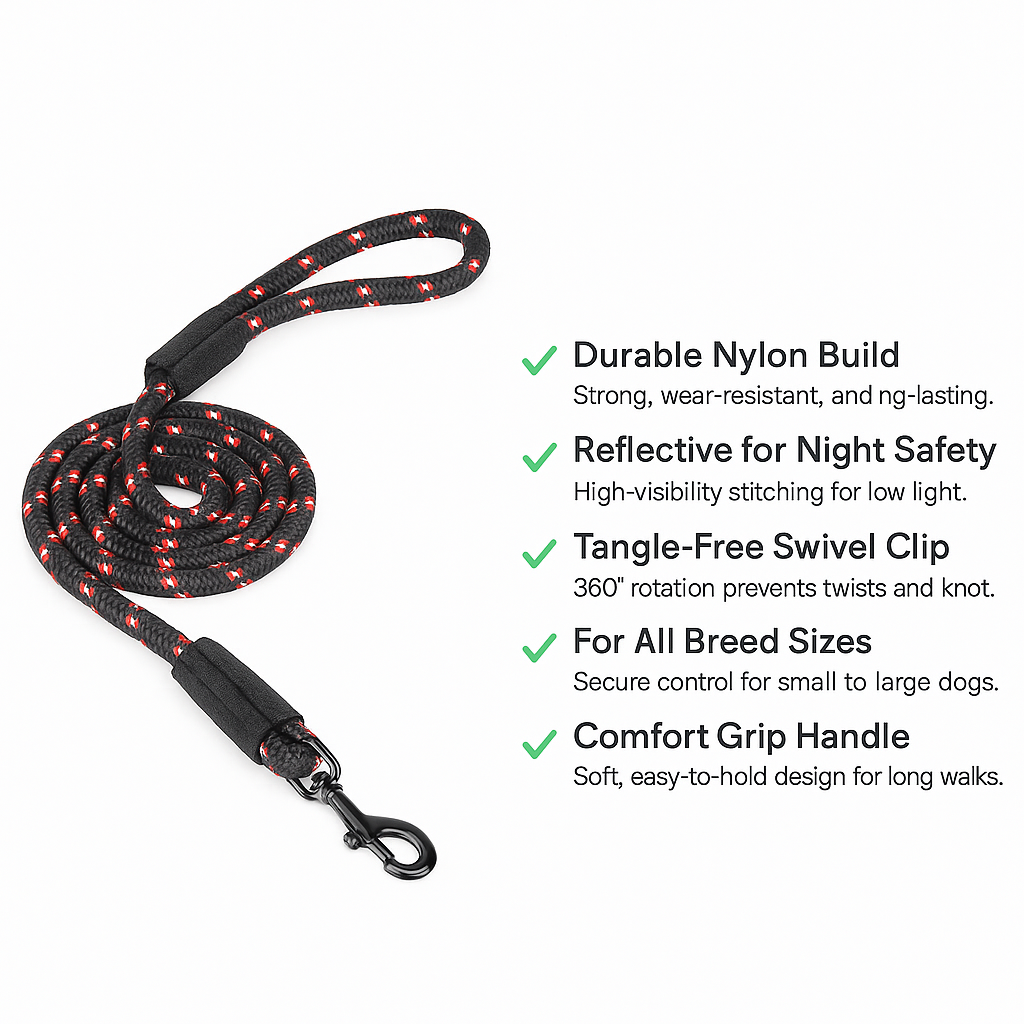 Zigly black dog leash with red reflective stitches, durable nylon, swivel clip, comfort grip handle