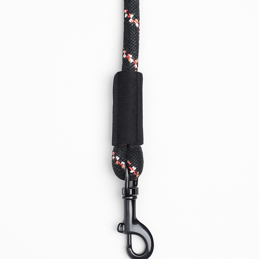 Zigly black braided rope leash with metal clip on white background