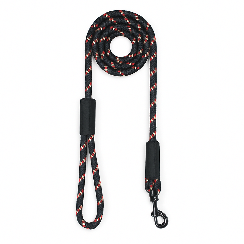 zigly black dog leash with red and white stripes and metal clip on white background