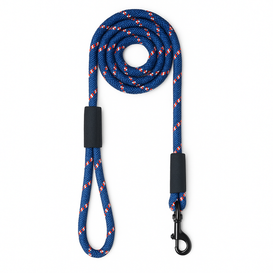 Zigly durable blue dog leash with red accents and black clasp on white background