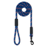 Zigly durable blue dog leash with red accents and black clasp on white background