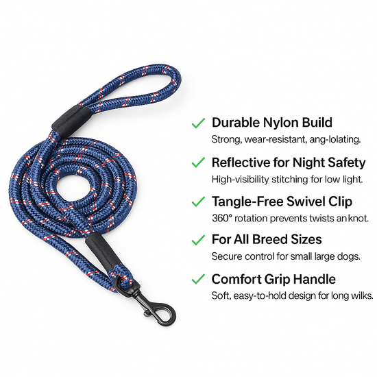 Zigly durable blue nylon dog leash with reflective stitching, swivel clip, and comfort grip handle