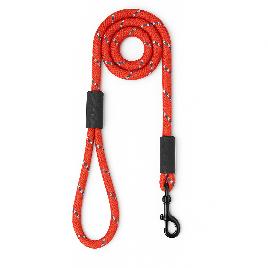 Zigly red braided dog leash with reflective stripes and black metal clip