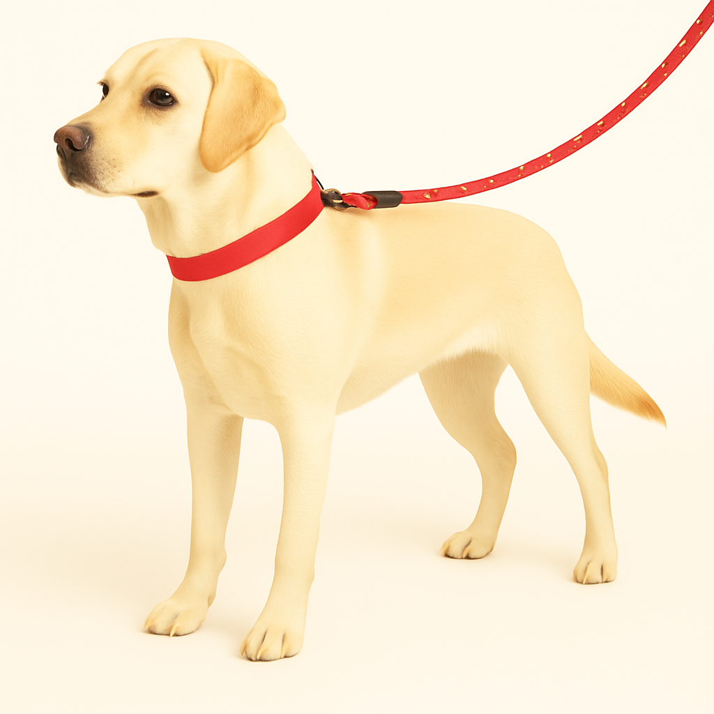 Labrador retriever dog wearing red collar and leash on white background, zigly