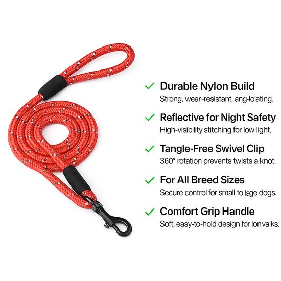 Zigly red durable nylon dog leash with reflective stitching and tangle-free swivel clip