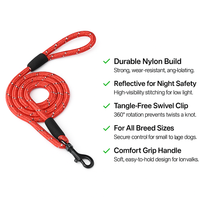 Zigly red durable nylon dog leash with reflective stitching and tangle-free swivel clip