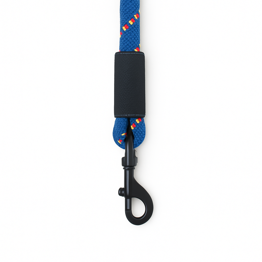 Blue dog leash with red and yellow stripes and black metal clasp, featuring zigly design