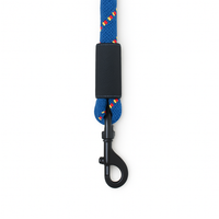 Blue dog leash with red and yellow stripes and black metal clasp, featuring zigly design
