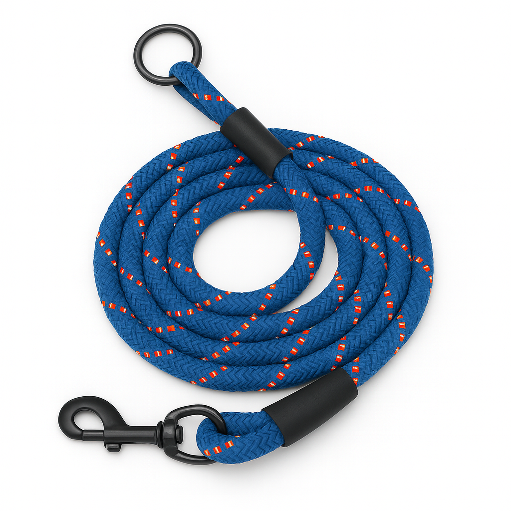 Blue zigly dog leash with orange accents, metal clip and ring on white background