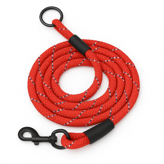 zigly red braided dog leash with black metal clasp and ring on white background