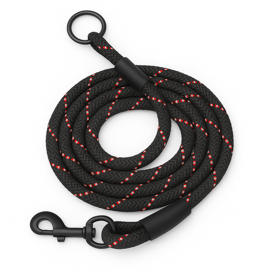 Zigly black braided dog leash with red accents and black metal clip on white background
