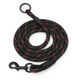 Zigly black braided dog leash with red accents and black metal clip on white background