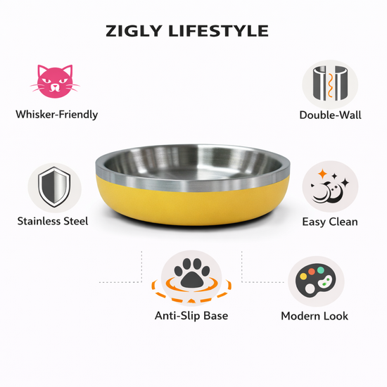 ZL Meow Dish Double Walled Cat Bowl - Yellow