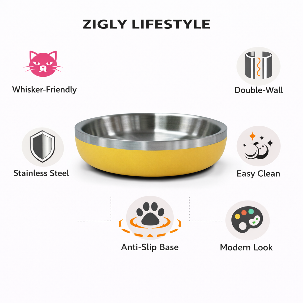 ZL Meow Dish Double Walled Cat Bowl - Yellow