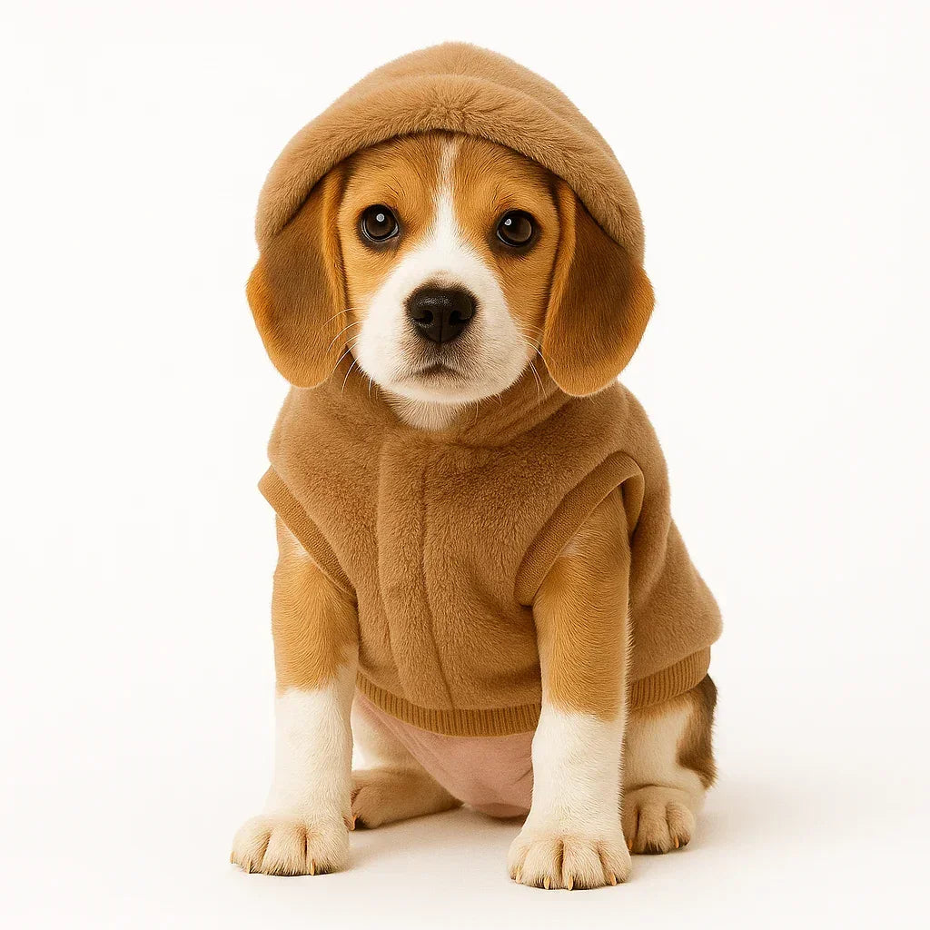 Cute Beagle puppy wearing brown hoodie sitting against white background, zigly