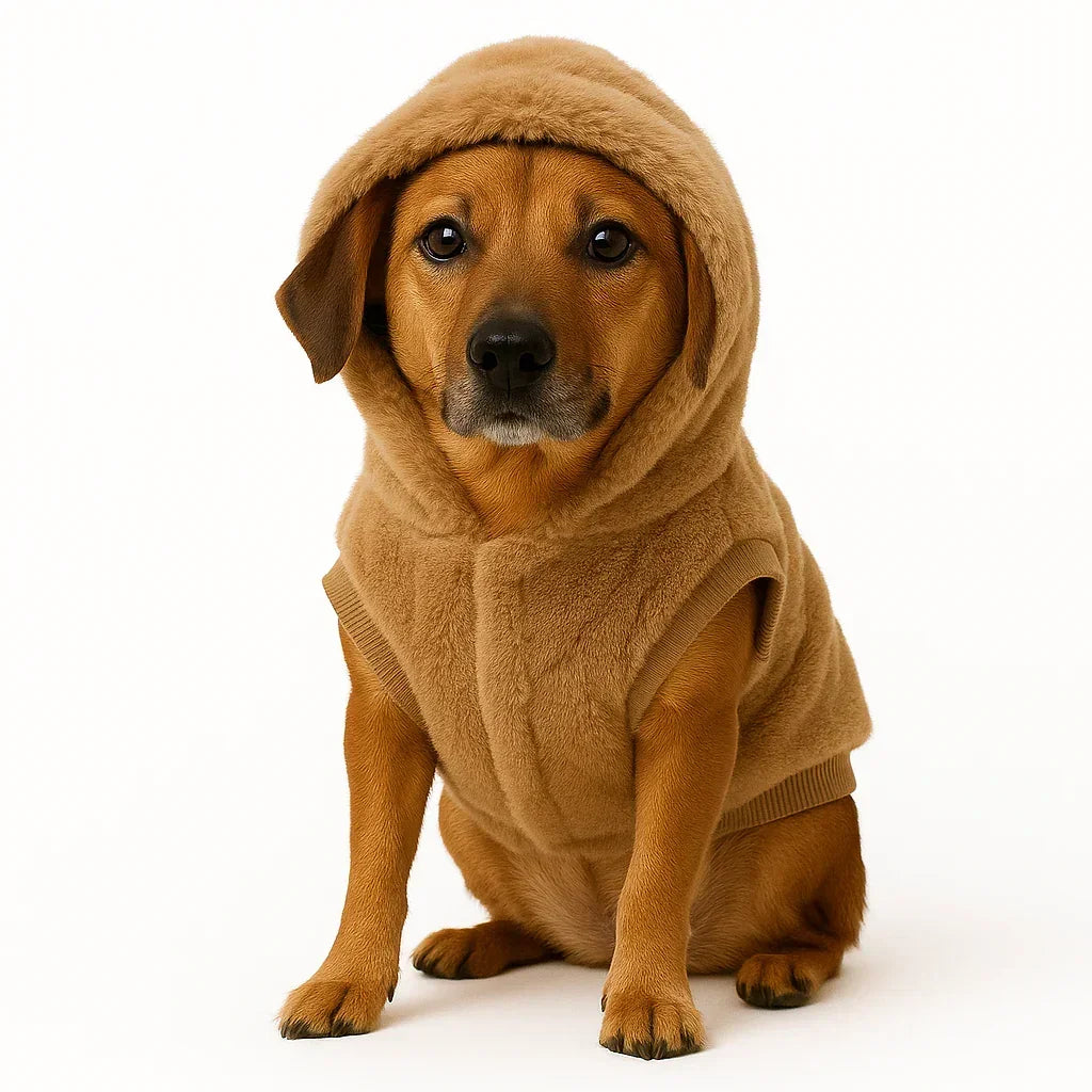 Dog wearing tan hooded fleece vest sitting on white background, cozy pet outfit, zigly