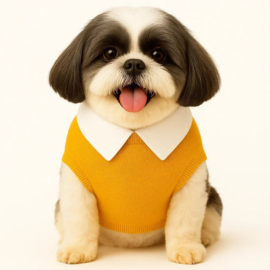 Zigly Shih Tzu dog wearing yellow sweater with white collar sitting and panting