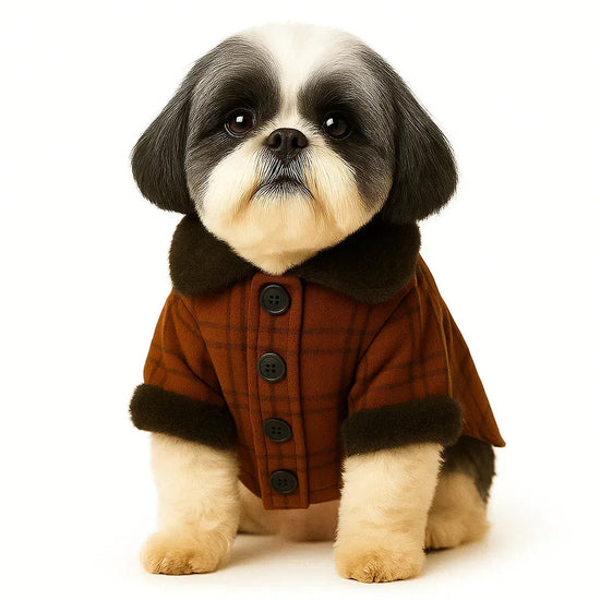 Cute Shih Tzu puppy wearing a brown plaid coat with black buttons and fur trim, zigly style