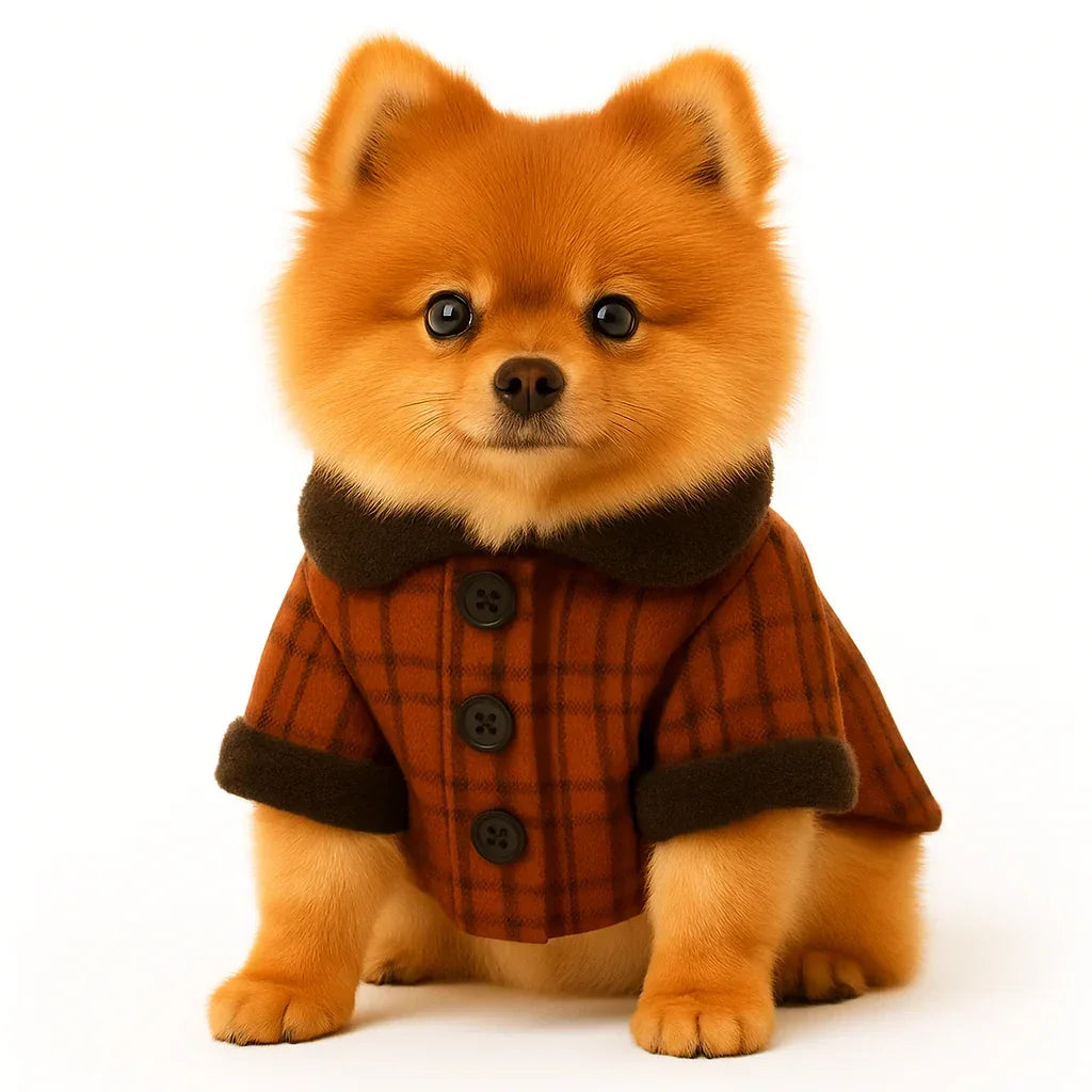 Zigly fluffy Pomeranian puppy wearing a brown plaid coat with buttons on white background