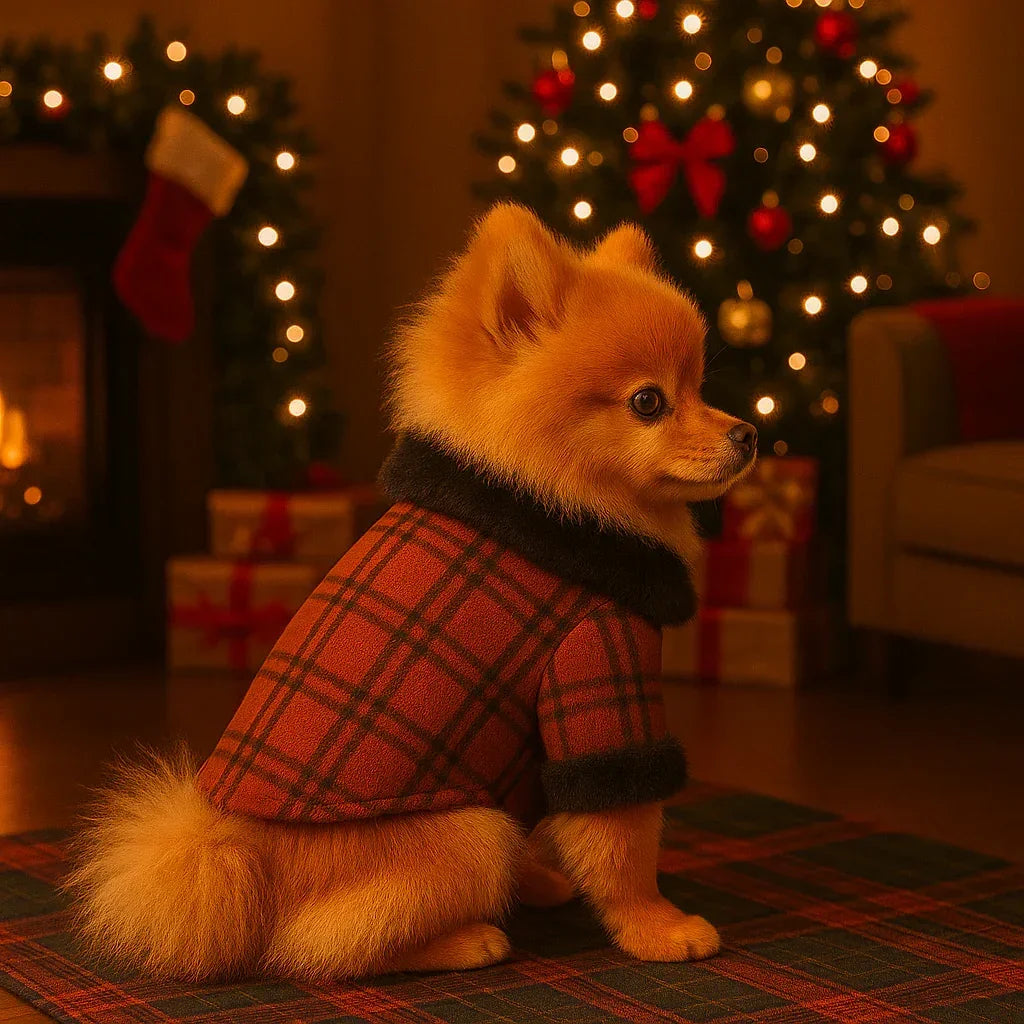 Zigly fluffy Pomeranian dog in red plaid sweater near Christmas tree with lights and gifts
