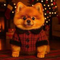 Zigly adorable Pomeranian dog in red plaid coat by Christmas tree with festive lights
