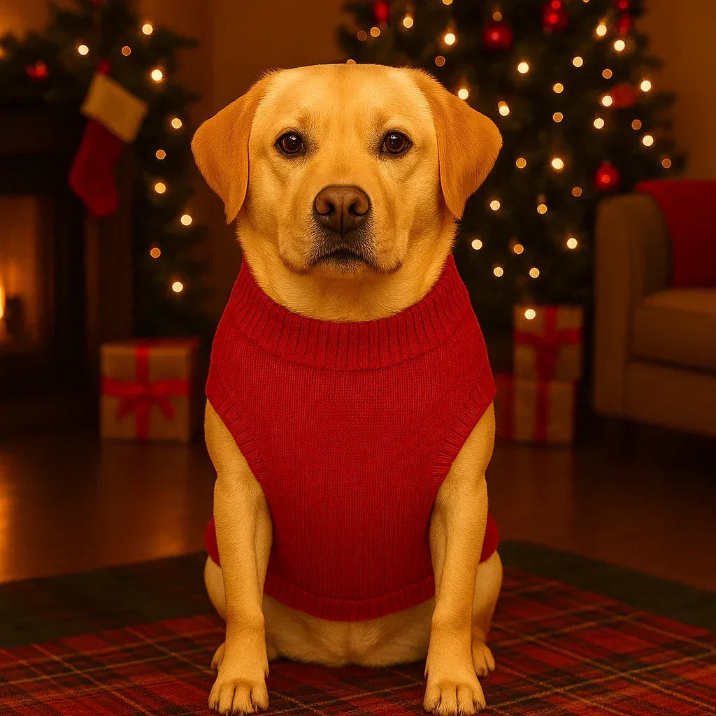 Labrador dog in red sweater sitting on plaid rug by Christmas tree with lights and gifts zigly