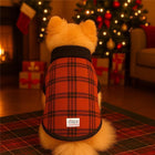 Fluffy dog wearing Zigly red plaid jacket sitting in cozy living room with Christmas tree and gifts