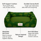 Zigly green pet bed with nature-inspired leaf design, soft cushion, durable canvas, washable cover, and anti-skid base