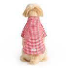 Small dog wearing red and white gingham check shirt from Zigly, sitting facing away on white background