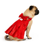 Pug dog wearing red dress with bow, stylish pet outfit by Zigly on white background