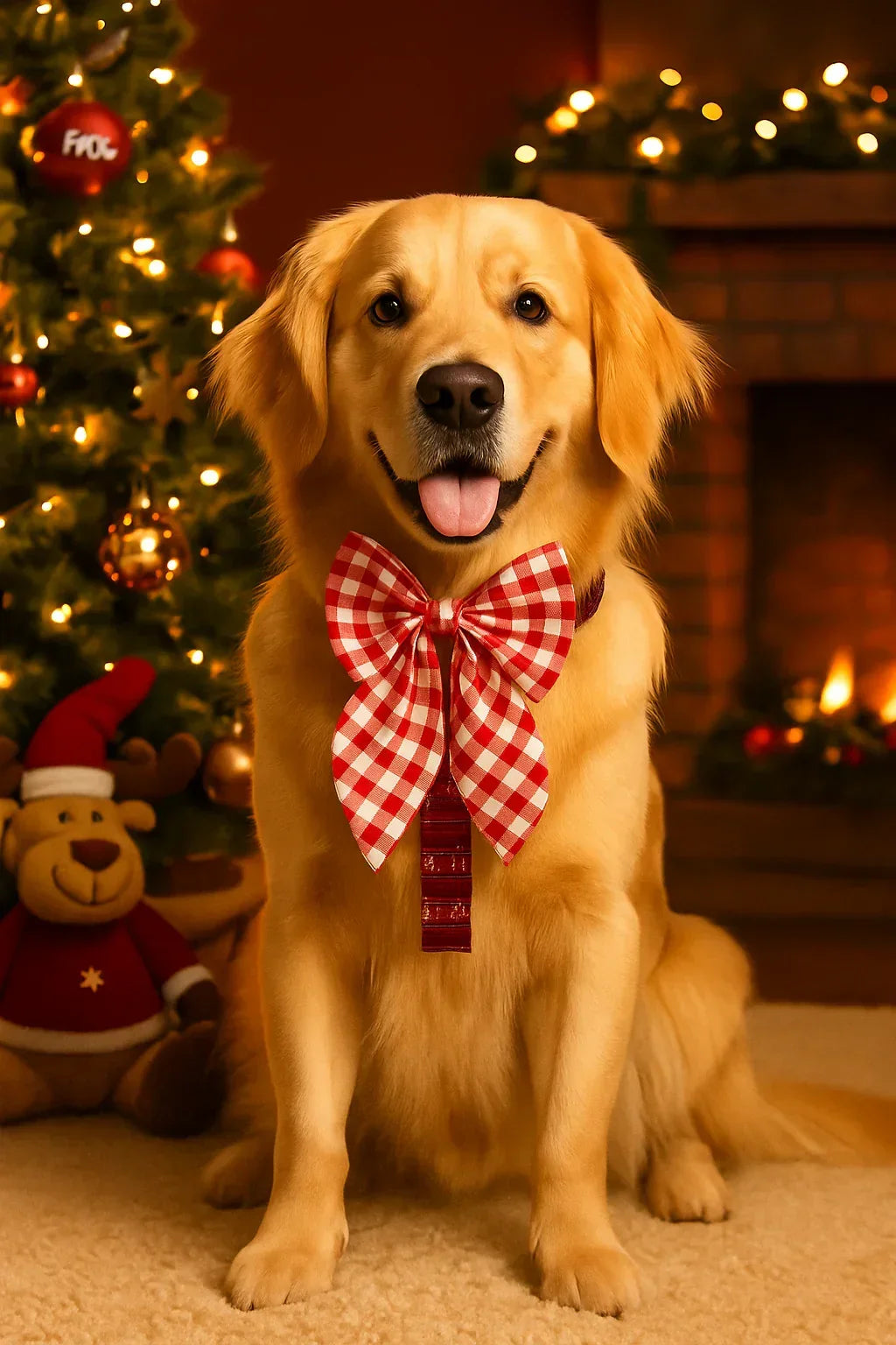 Golden retriever dog wearing red and white checkered bow tie next to decorated Christmas tree and fireplace zigly