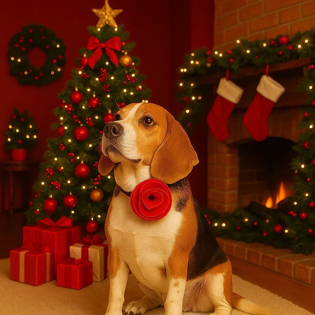 Beagle dog with red flower collar sitting by Christmas tree, gifts, fireplace with stockings, zigly