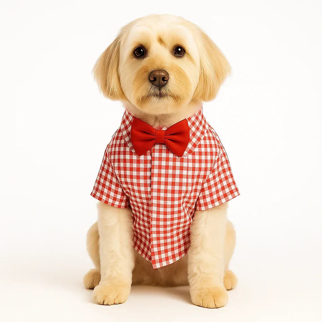Golden retriever puppy in red checkered shirt with red bow tie sitting on white background zigly