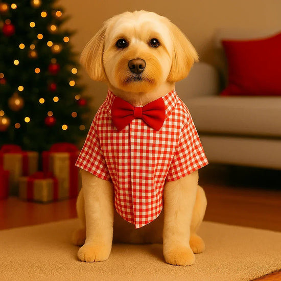 Zigly golden retriever puppy in red checkered shirt and bow tie with Christmas tree and presents