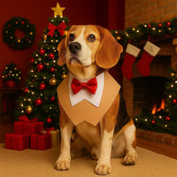 Beagle dog with red bow tie and zigly collar in cozy Christmas room with tree and gifts